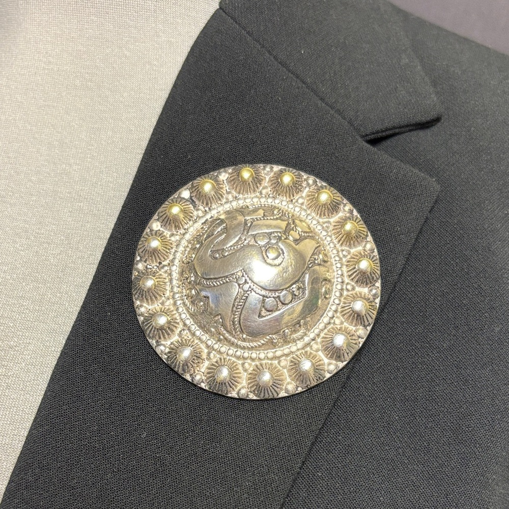 Antique Algerian North African Silver Round Brooch with Arabic Script